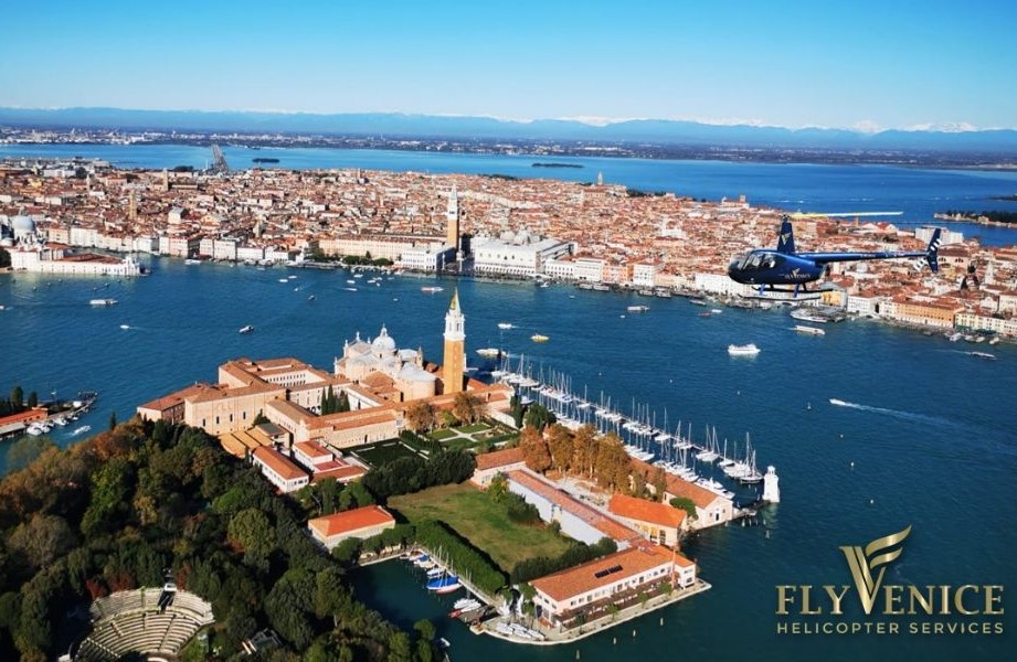 Panoramic helicopter flight in the sky of Venice